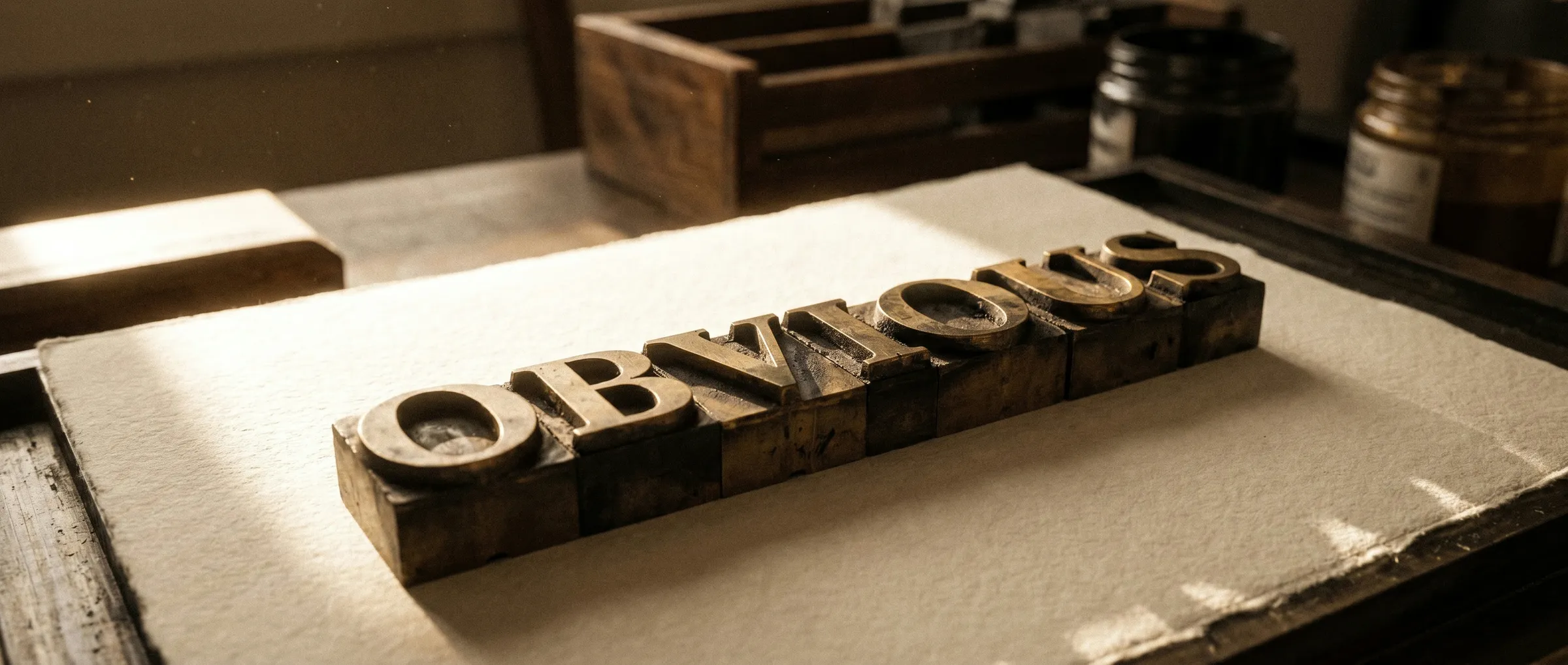 Brass letterpress type spelling the word obvious, set in mirror as type is
